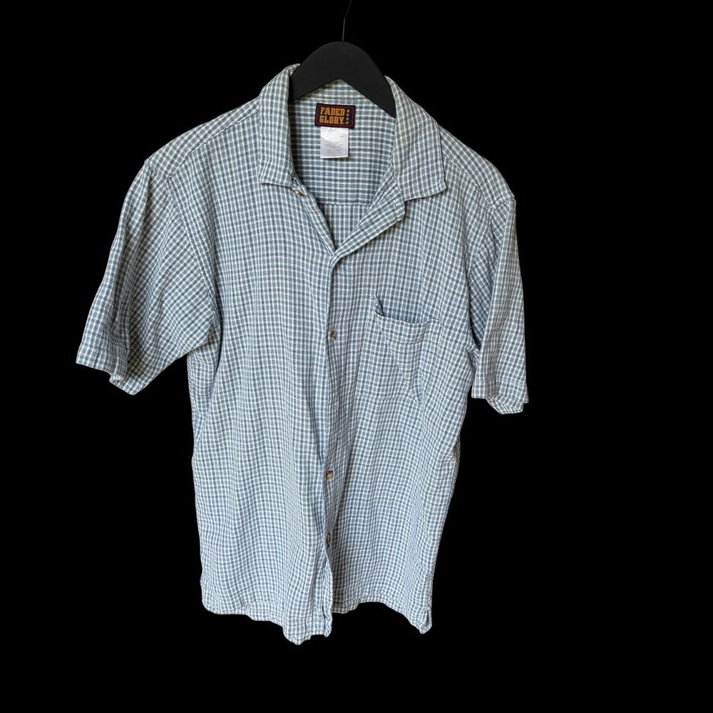 90's Faded Glory Large Blue White Gingham Short Sleeve Cotton Camp Shirt L